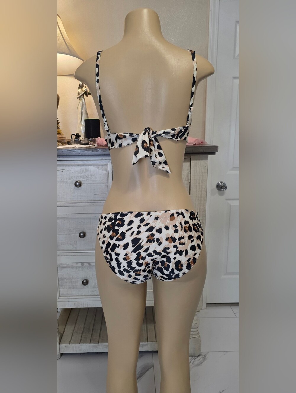 Aerie Leopard Print V-Neck Bikini Top and Bottom - Beige/Black - Picture 3 of 6